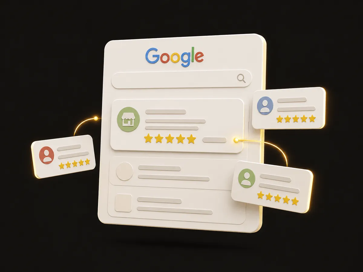 3D illustration of five-star Google review cards