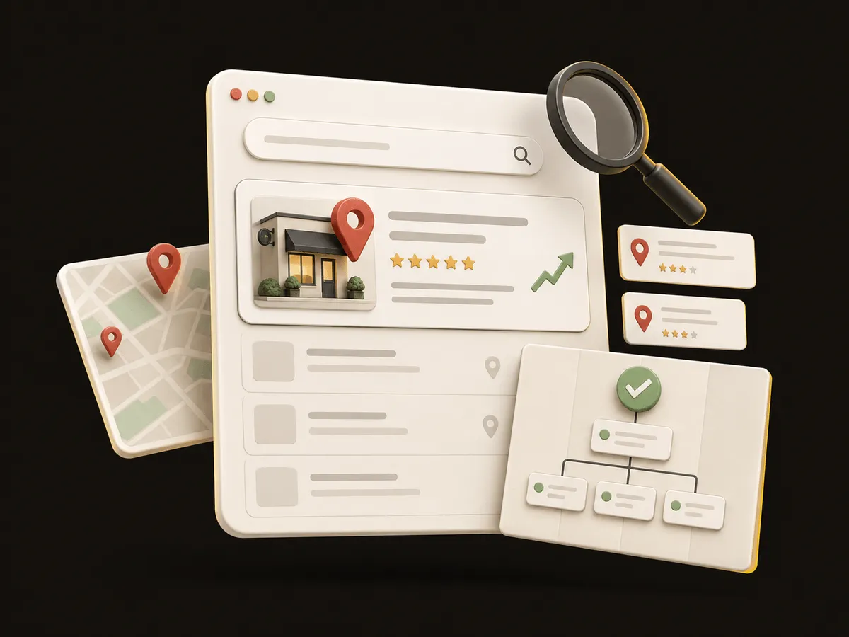 3D illustration of a local search result with a map pin and star rating