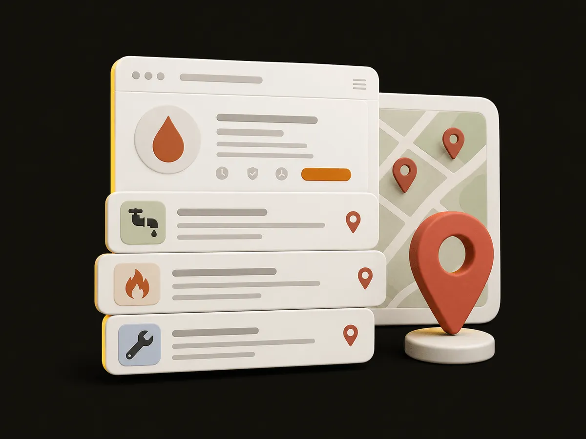3D illustration of a stack of service pages over a map with several pins