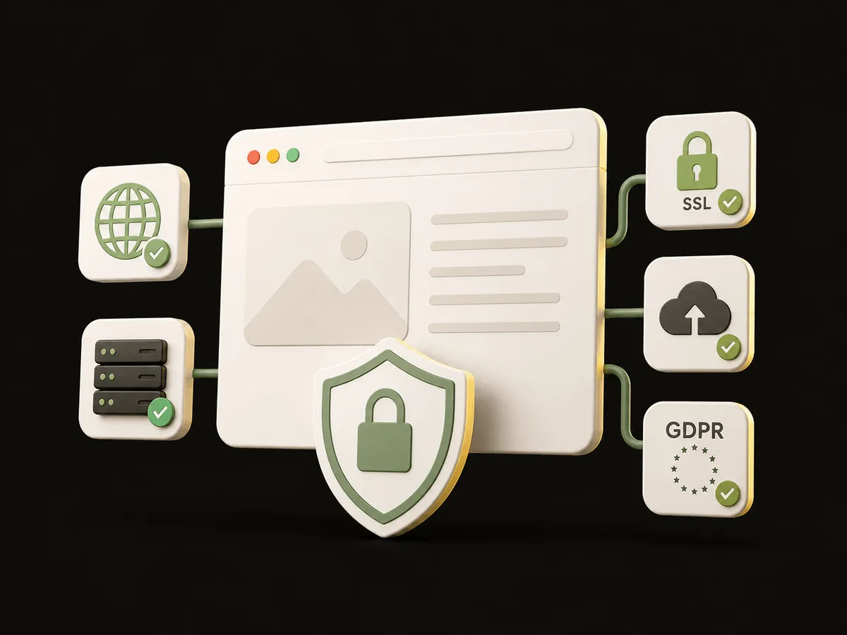 3D illustration of a padlock shield beside a web page, with SSL, backup and GDPR badges