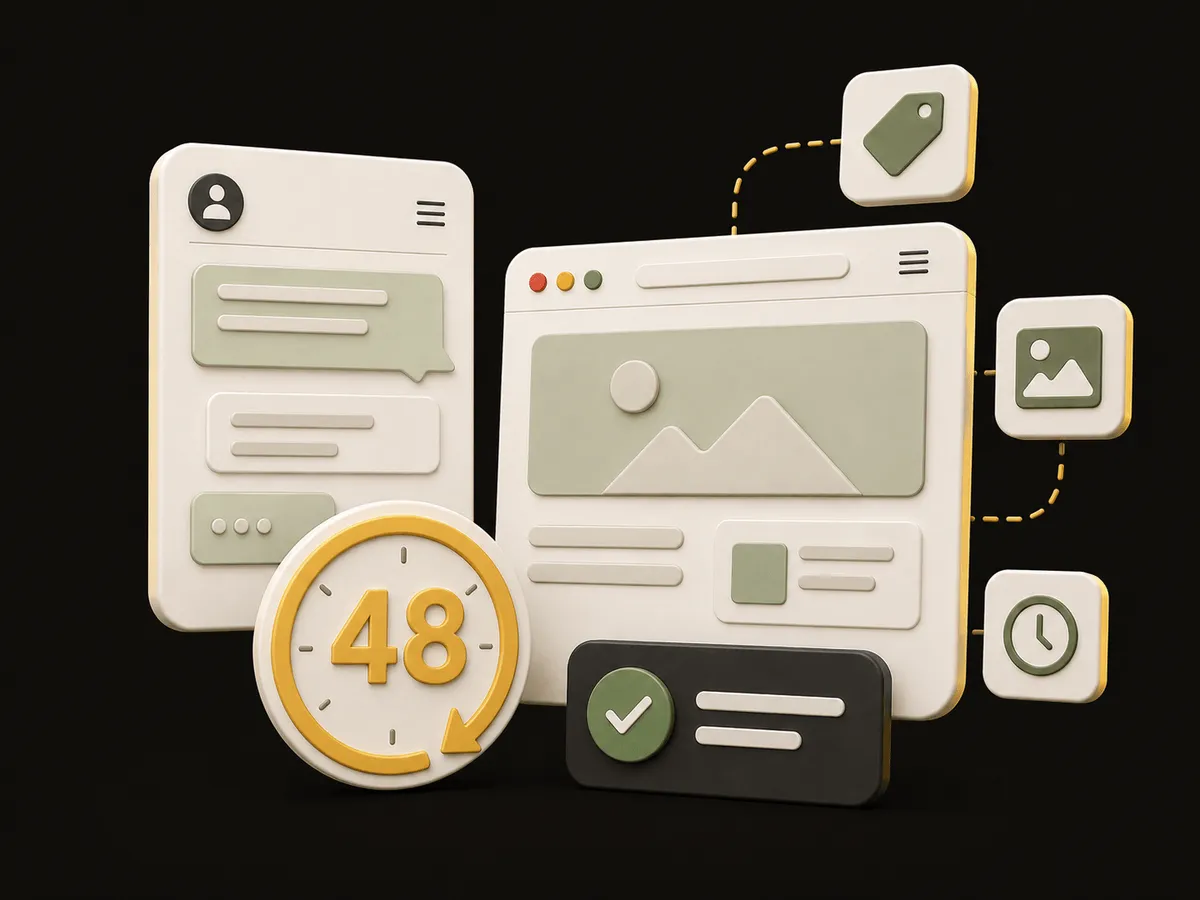 3D illustration of a chat request turning into an updated web page within 48 hours