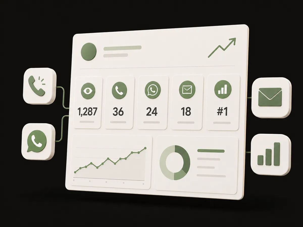 3D illustration of a one-page report with visits, calls, WhatsApp chats and ranking